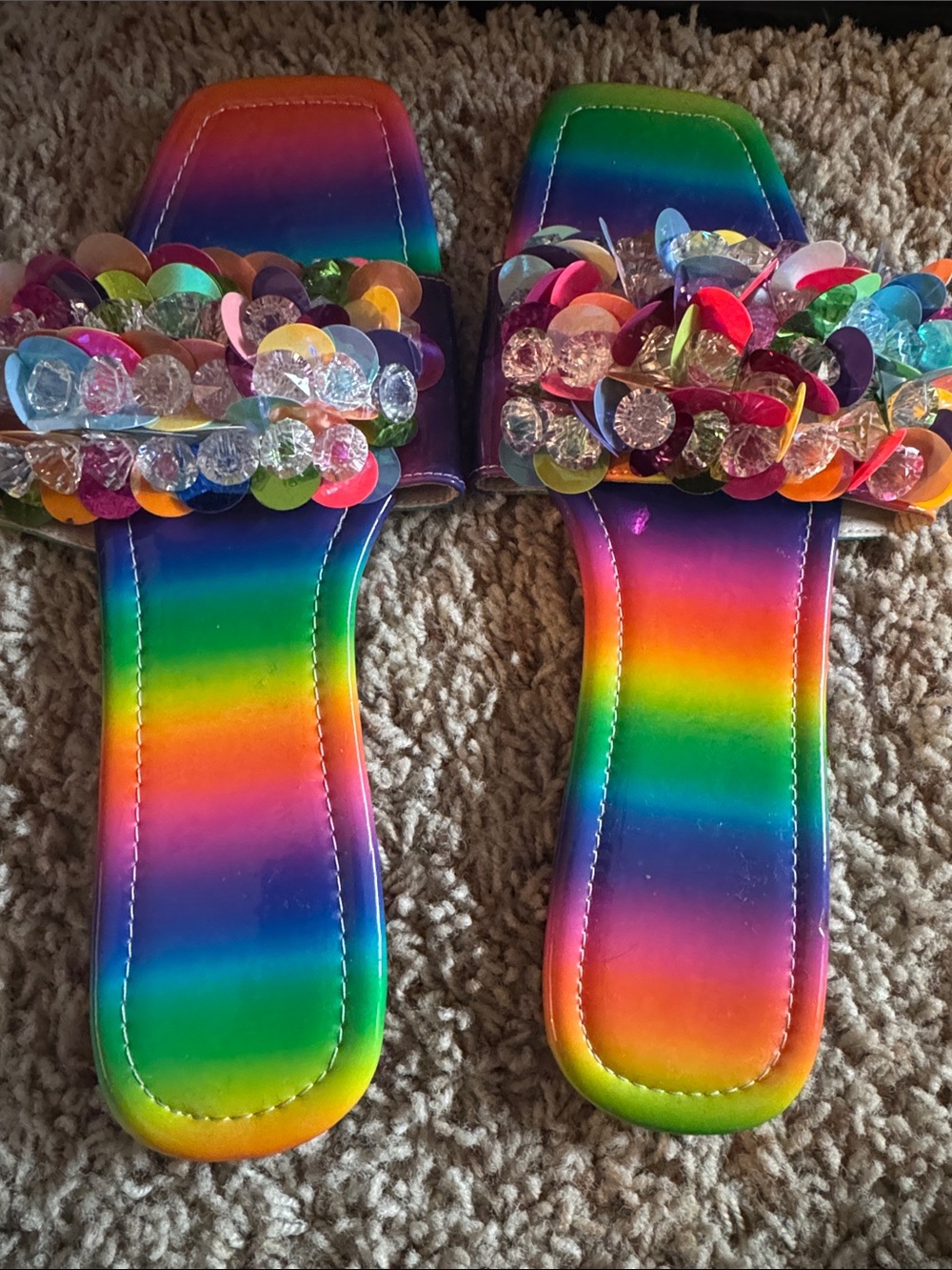 Ladies Rainbow Sequin Slide Sandals - Multicolor